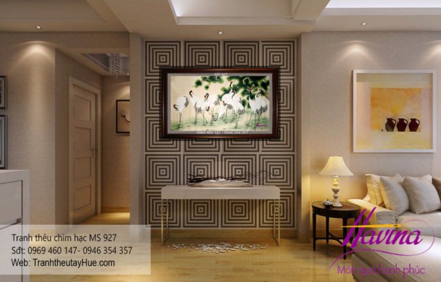 tranh thêu chim hạc treo phòng khách