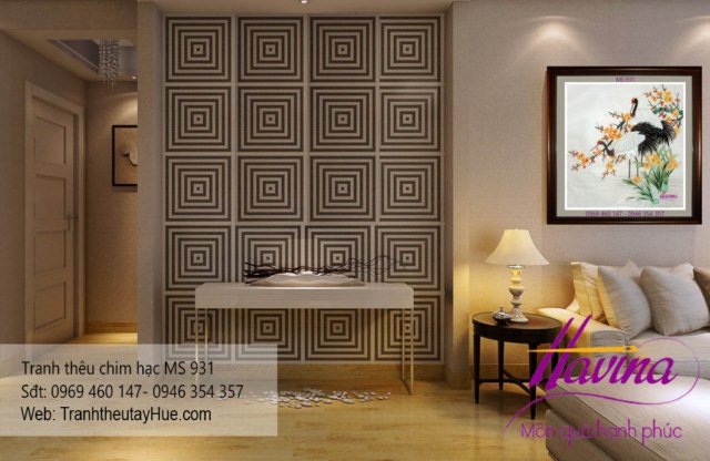 tranh thêu chim hạc treo phòng khách
