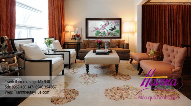 tranh thêu chim hạc treo phòng khách