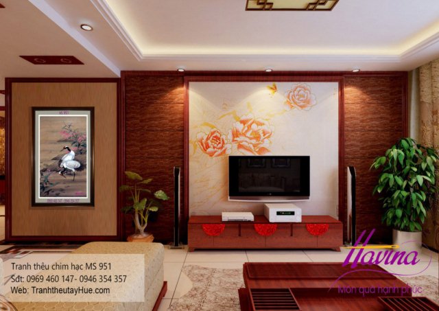 tranh thêu chim hạc treo phòng khách