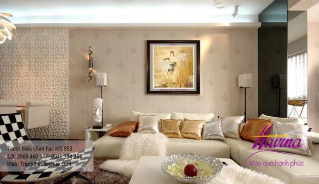 tranh thêu chim hạc treo phòng khách