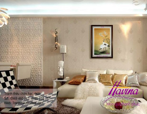 tranh thêu chim hạc treo phòng khách