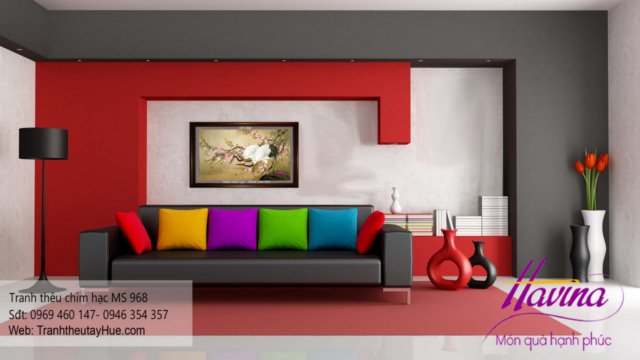 tranh thêu chim hạc treo phòng khách