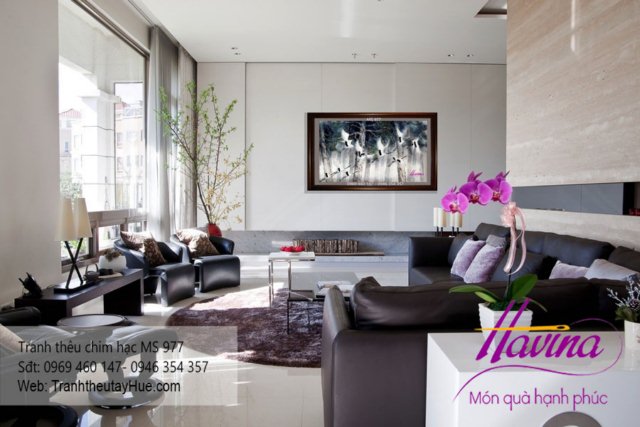 tranh thêu chim hạc treo phòng khách