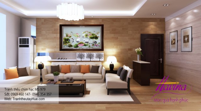 tranh thêu chim hạc treo phòng khách