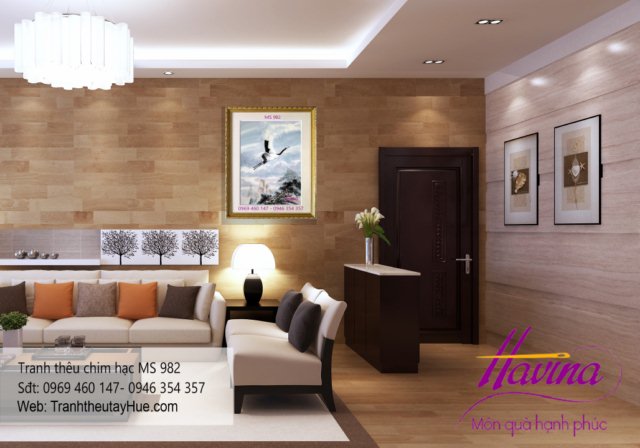 tranh thêu chim hạc treo phòng khách