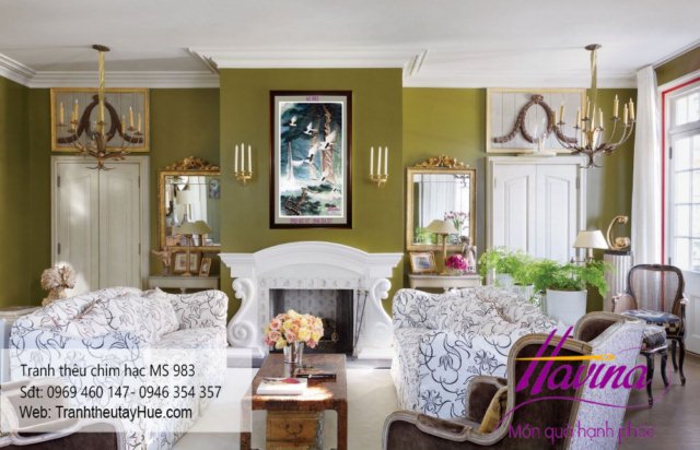 tranh thêu chim hạc treo phòng khách