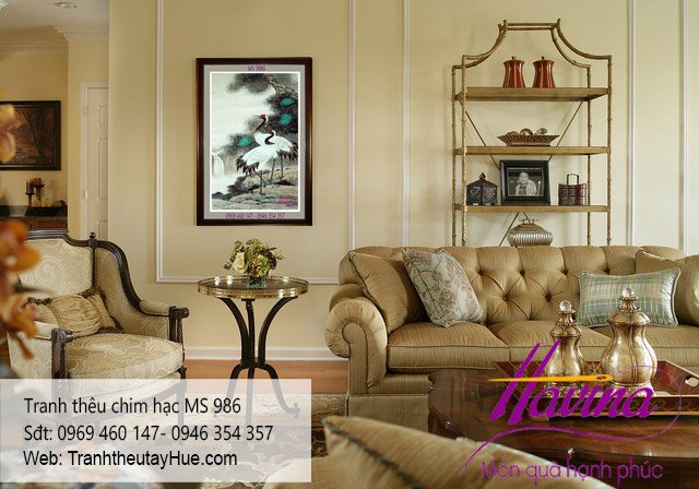 tranh thêu chim hạc treo phòng khách