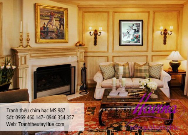 tranh thêu chim hạc treo phòng khách