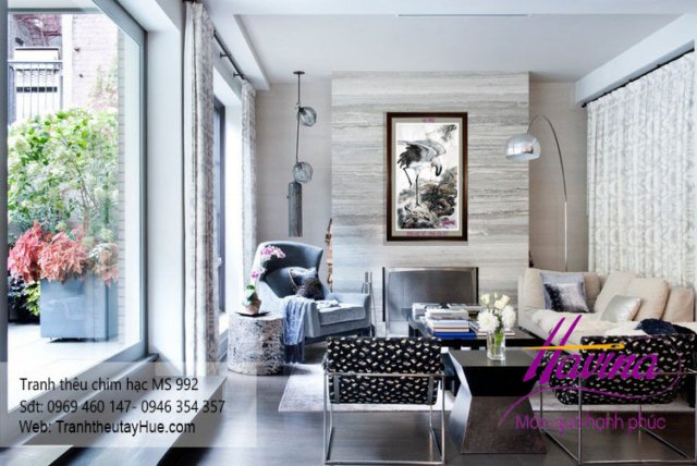 tranh thêu chim hạc treo phòng khách