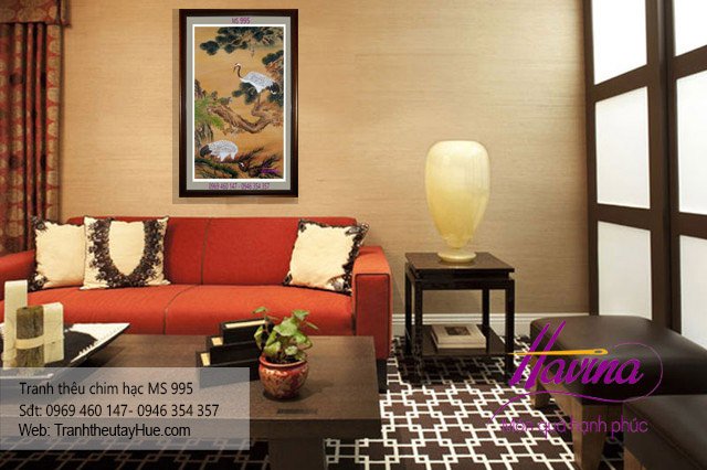 tranh thêu chim hạc treo phòng khách
