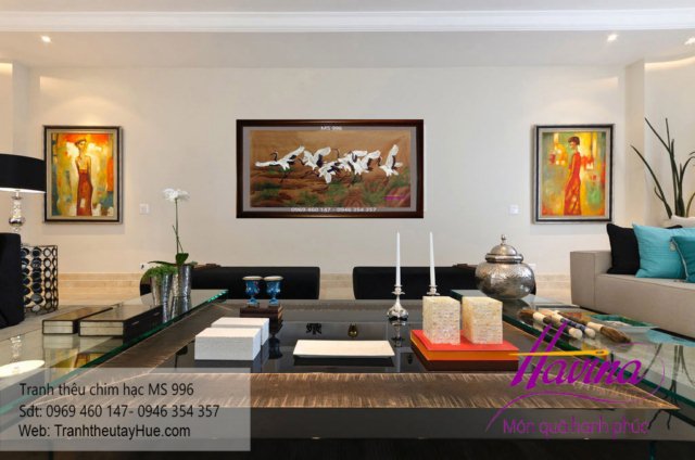 tranh thêu chim hạc treo phòng khách