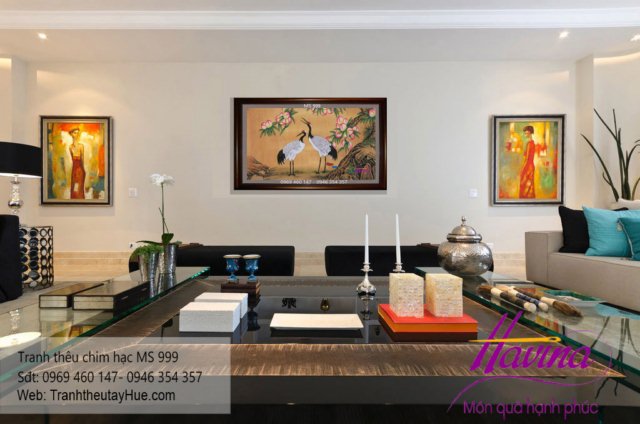 tranh thêu chim hạc treo phòng khách