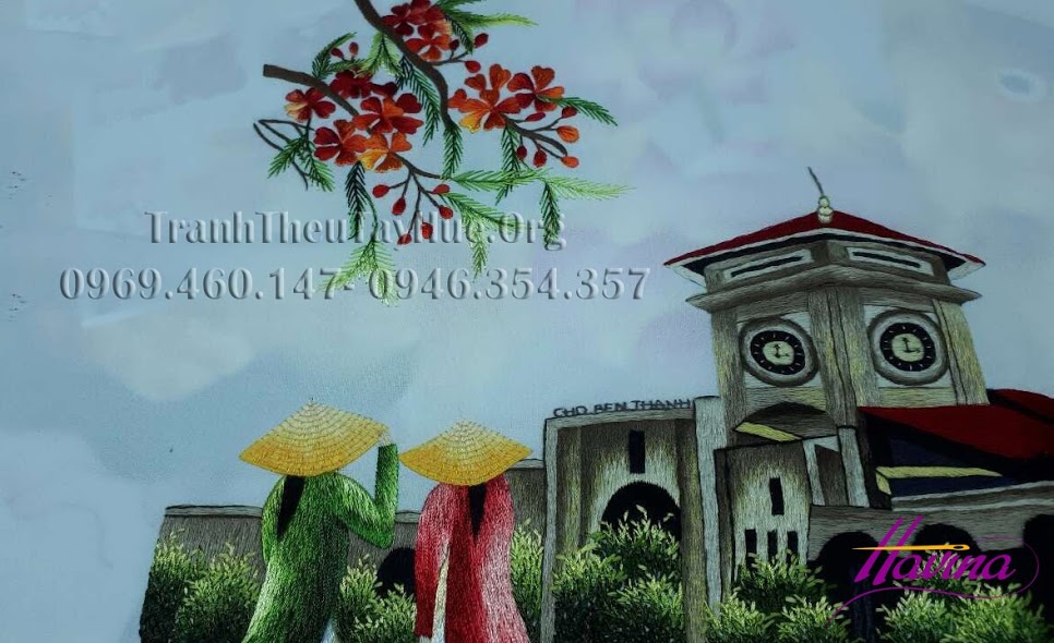 Quá trình thêu bức tranh Chợ Bến Thành