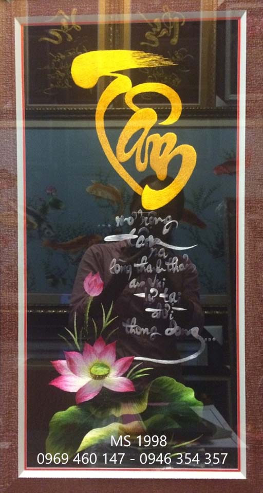 Tranh thêu chữ tâm hoa sen Tranh thêu chữ tâm hoa sen