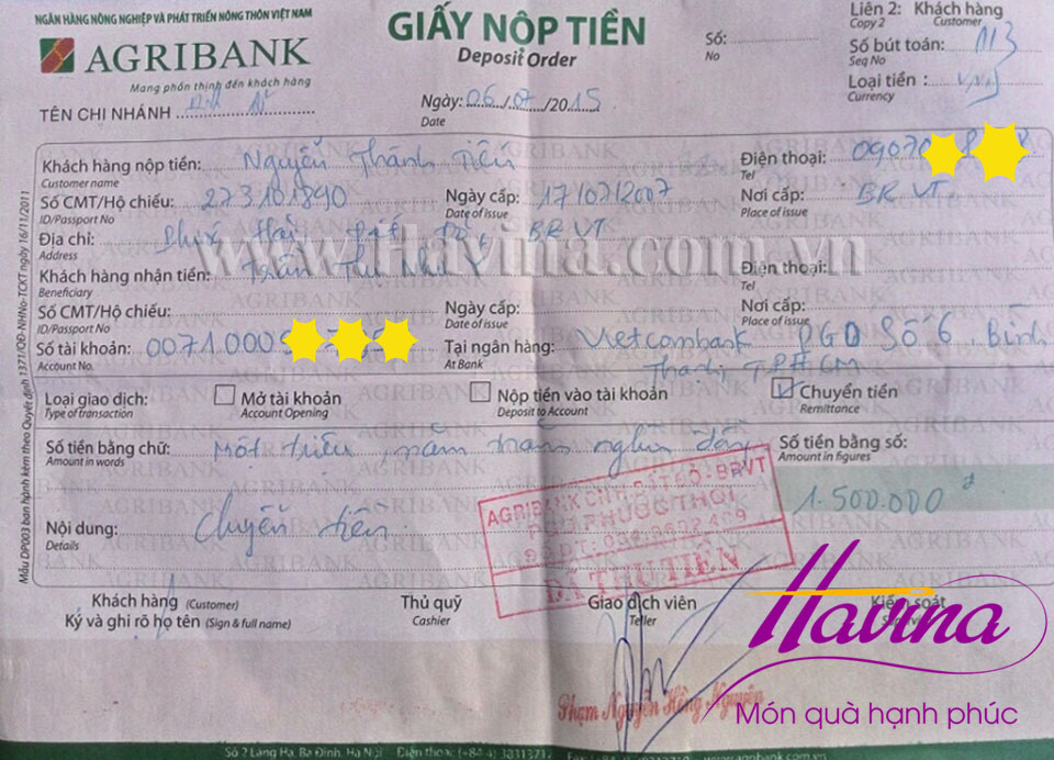 Phiếu chuyển tiền của anh Tiến sau khi nhận được tranh thêu ân sư