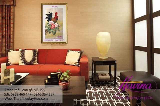 Tranh thêu con gà treo phòng khách
