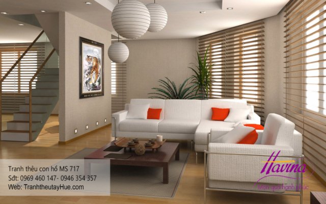 Tranh thêu con hổ treo phòng khách