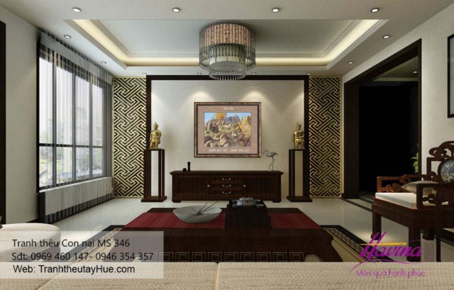 Tranh thêu con nai treo phòng khách