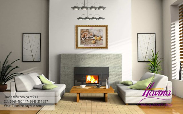 Tranh thêu con gà treo phòng khách