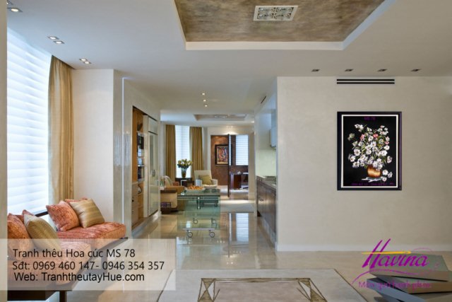 Tranh thêu hoa cúc treo phòng khách