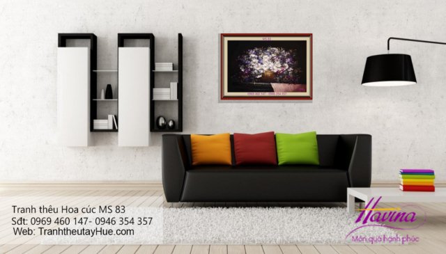 Tranh thêu hoa cúc treo phòng khách