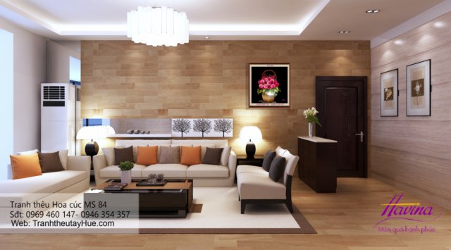 Tranh thêu hoa cúc treo phòng khách