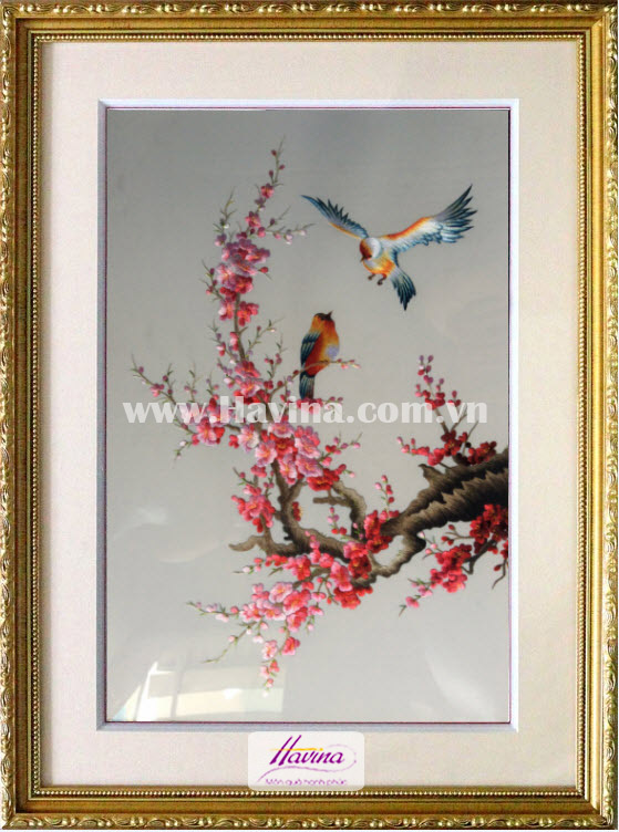 tranh thêu hoa đào