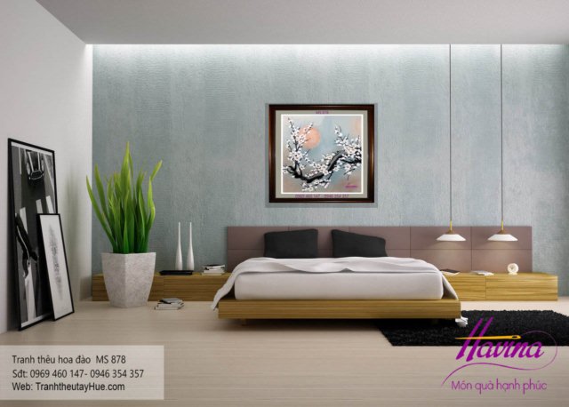Tranh thêu hoa đào treo phòng khách