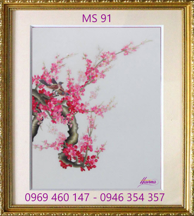 Tranh thêu hoa đào ms 91