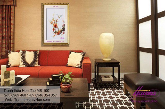Tranh thêu hoa đào treo phòng khách