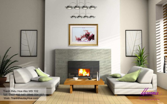 Tranh thêu hoa đào treo phòng khách