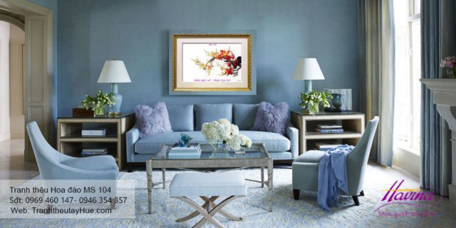 Tranh thêu hoa đào treo phòng khách