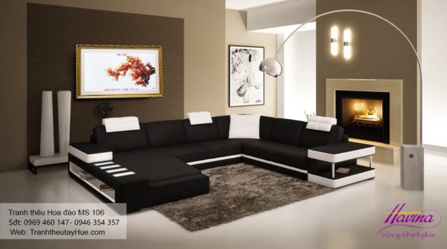 Tranh thêu hoa đào treo phòng khách