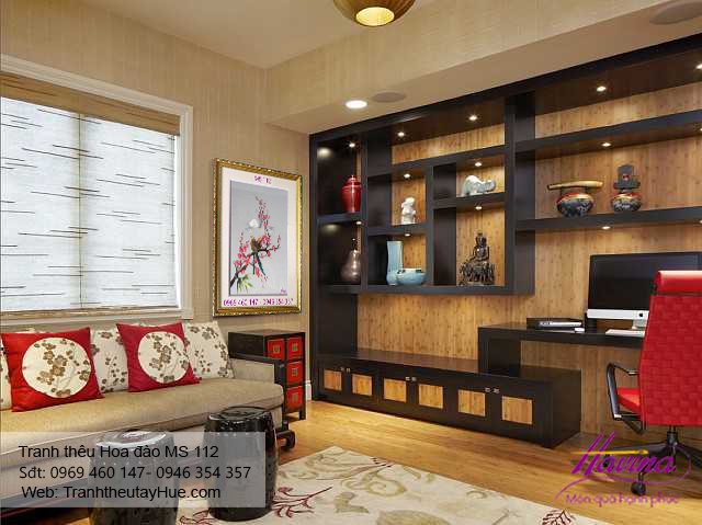 Tranh thêu hoa đào treo phòng khách