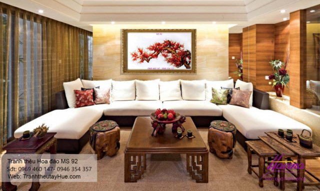 Tranh thêu hoa đào treo phòng khách