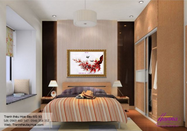 Tranh thêu hoa đào treo phòng khách