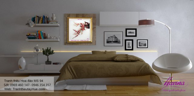 Tranh thêu hoa đào treo phòng khách