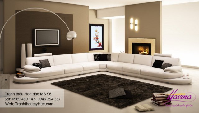 Tranh thêu hoa đào treo phòng khách