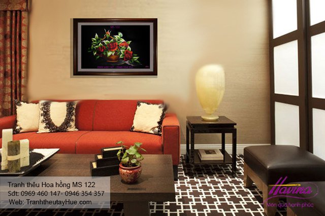 Tranh thêu hoa hồng treo phòng khách