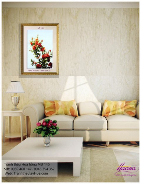 Tranh thêu hoa hồng treo phòng khách