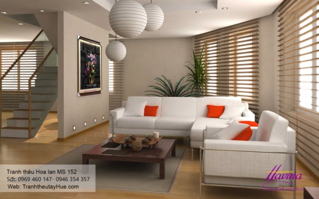 Tranh thêu hoa lan treo phòng khách