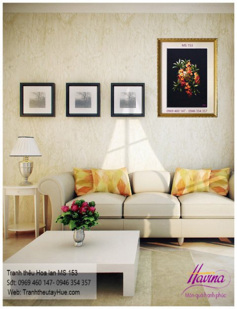 Tranh thêu hoa lan treo phòng khách