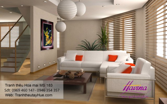 Tranh thêu hoa mai treo phòng khách