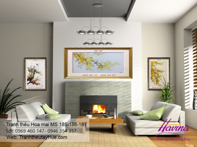 Tranh thêu hoa mai treo phòng khách