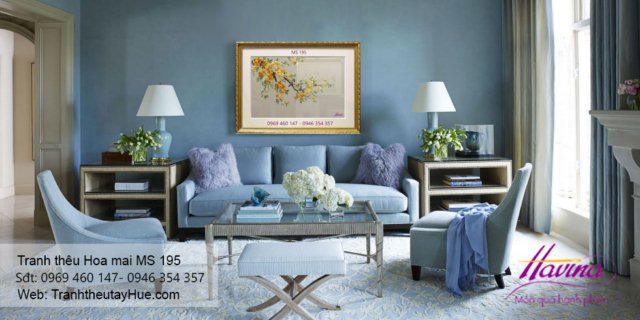 Tranh thêu hoa mai treo phòng khách