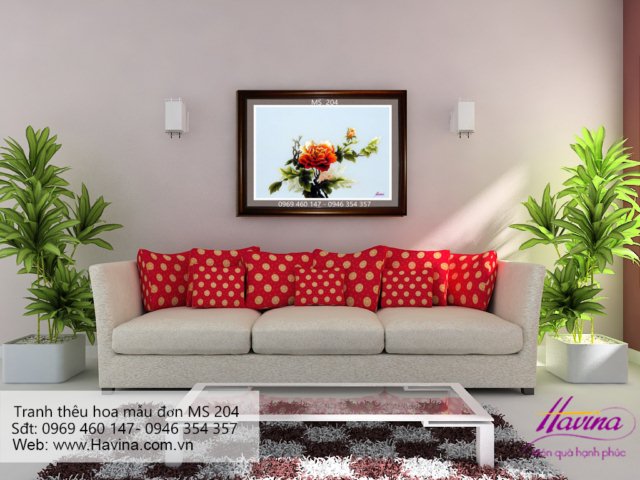 Tranh thêu hoa mẫu đơn treo phòng khách