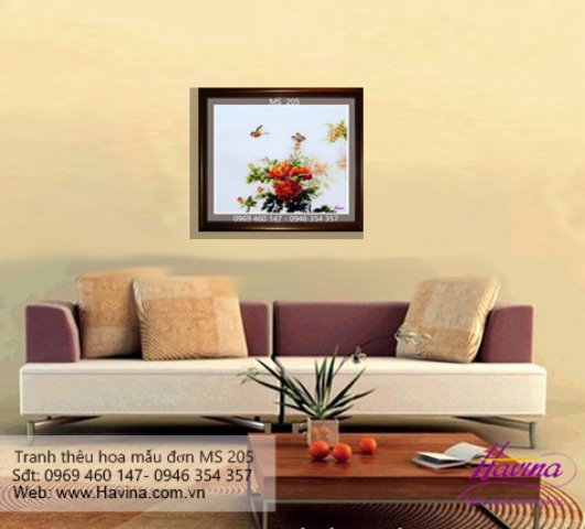 Tranh thêu hoa mẫu đơn treo phòng khách