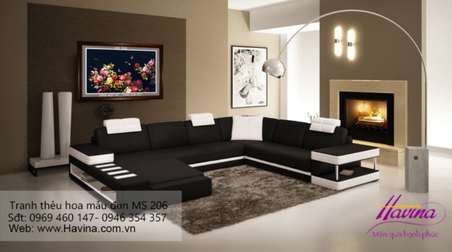 Tranh thêu hoa mẫu đơn treo phòng khách