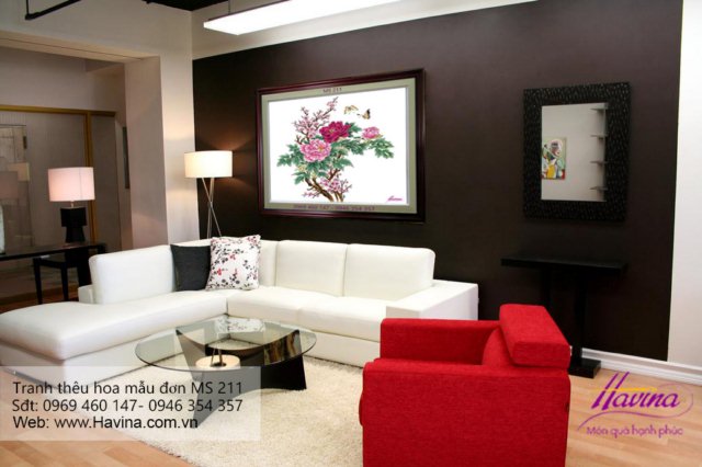Tranh thêu hoa mẫu đơn treo phòng khách